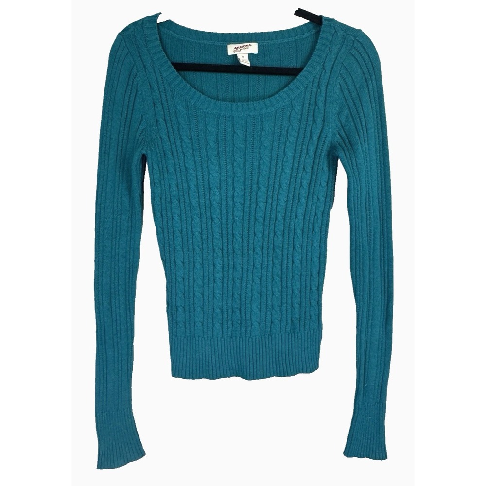 VTG 90s Y2K Arizona Teal Scoop Neck Cable Knit Sweater Medium Fisherman Preppy